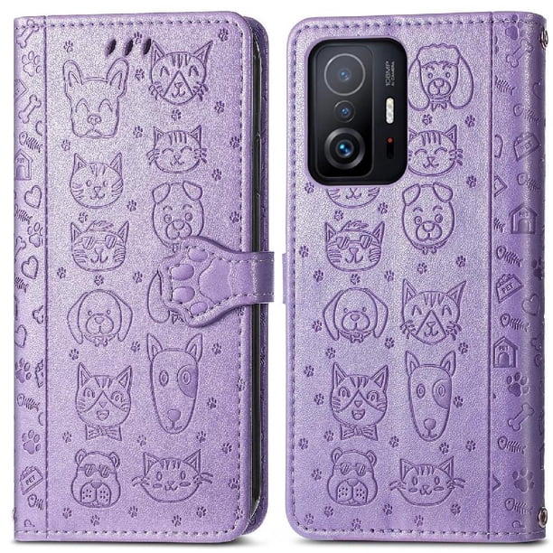 Funda Cartera FOXDOCK para XIAOMI 11T Pro , Flip PU con Relieve de Gatos y Perros, Tarjetero y Soporte
