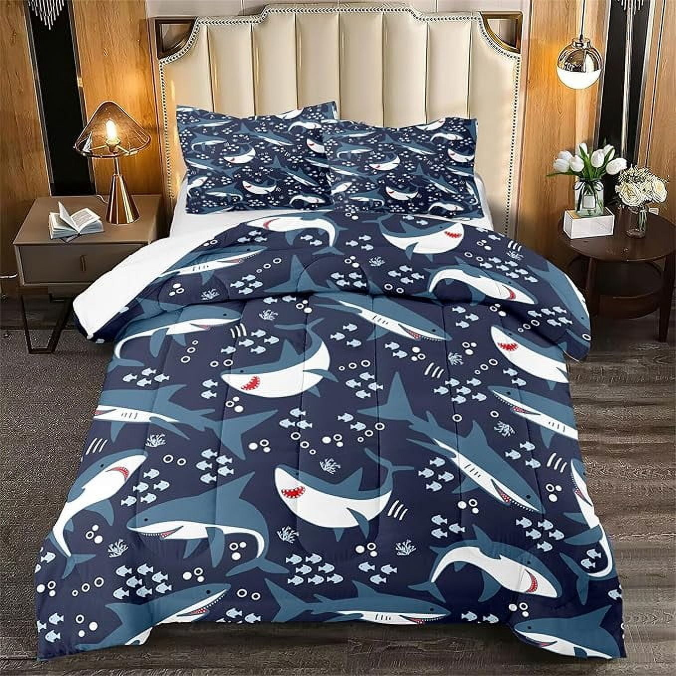 Milsleep - Juego De Cama Tiburón Para Dormitorio De Niño - 3pcs Full Size Cartoon Sharks Comforter