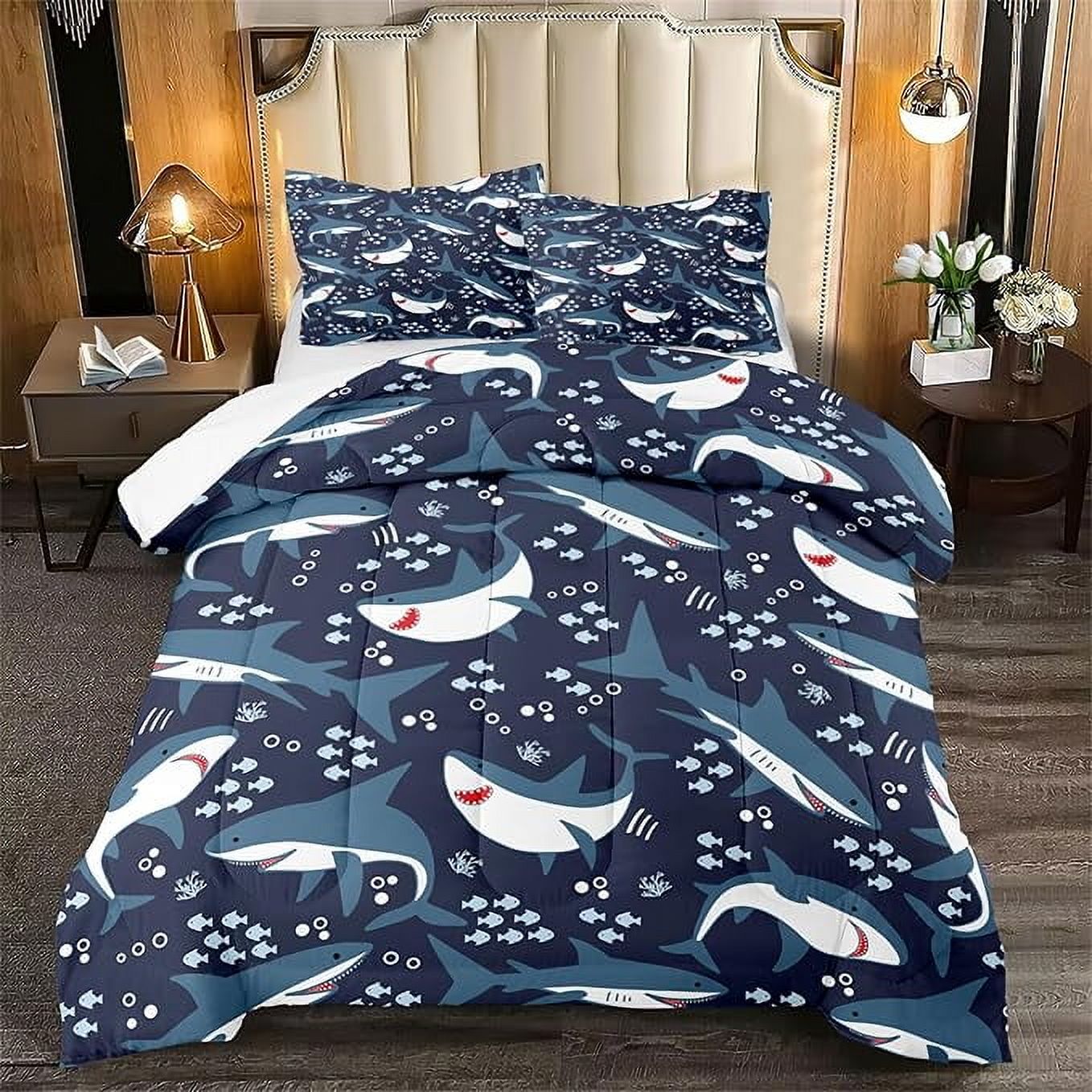 Milsleep - Juego De Cama Tiburón Para Dormitorio De Niño - 3Pcs Full Size Cartoon Sharks Comforter