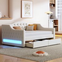 M&Ms - Upholstered Twin Xl Size Daybed With Led Belt And 2 Drawers, Beige