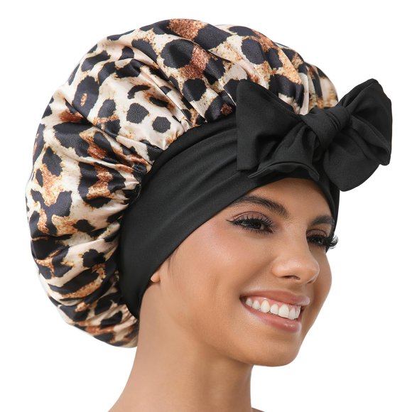 GDTOGRT Bonete de Satén para Mujer – Gorro de Dormir Leopardo‑Negro
