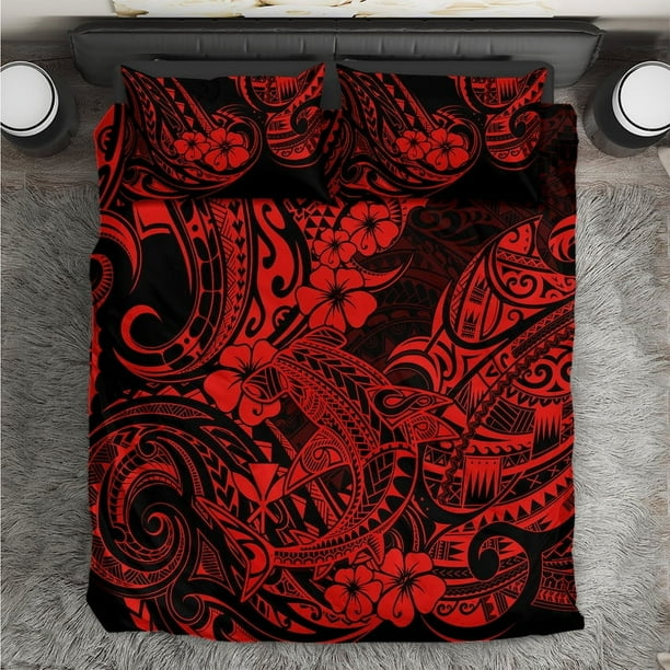 Juego de Cama Tiburón Hawaii Estampado Polinesio Rojo Versión LT01