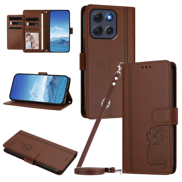 Funda Cartera Trébol para Motorola Moto G86 con Ranuras Tarjetas y Carga Inalámbrica Marrón