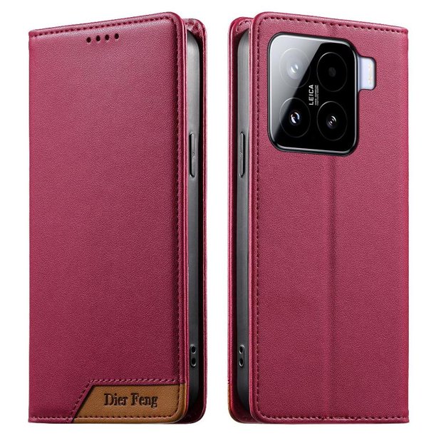 Funda Tipo Cartera de Cuero Sintético para XIAOMI 15 Bloqueo RFID, con Ranuras para Tarjetas y Bolsillo para Efectivo, Cierre Magnético Fuerte Rojo