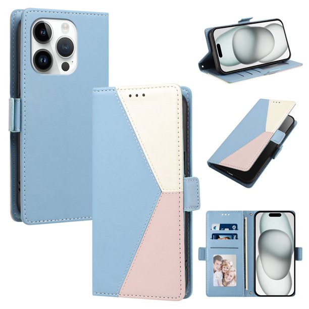 Cartera Plegable para iPhone 15 Pro Max, PU Tricolor con Ranuras, Azul Claro