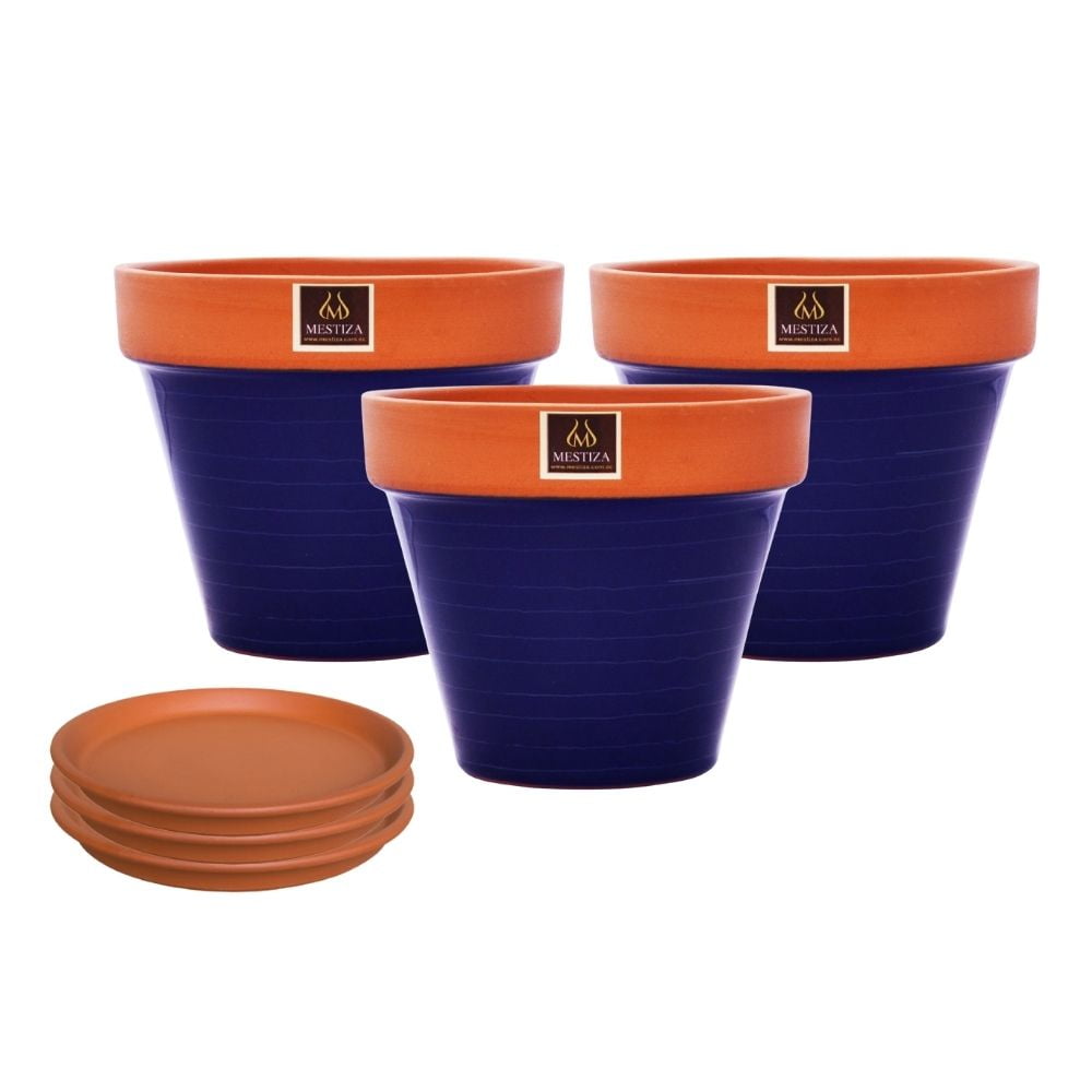 Mestiza - Set De 3 Maceta Kony 24cm Terra Cobalto Y Sus Platos