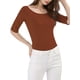 thumbnail image 2 of INSPIRE CHIC Camisetas de Mujer para Regreso a Clases con Cuello de Barco, Mangas Medias, Ajustadas, para Capas, Camiseta Suave, Talla S, Marrón, 2 of 8