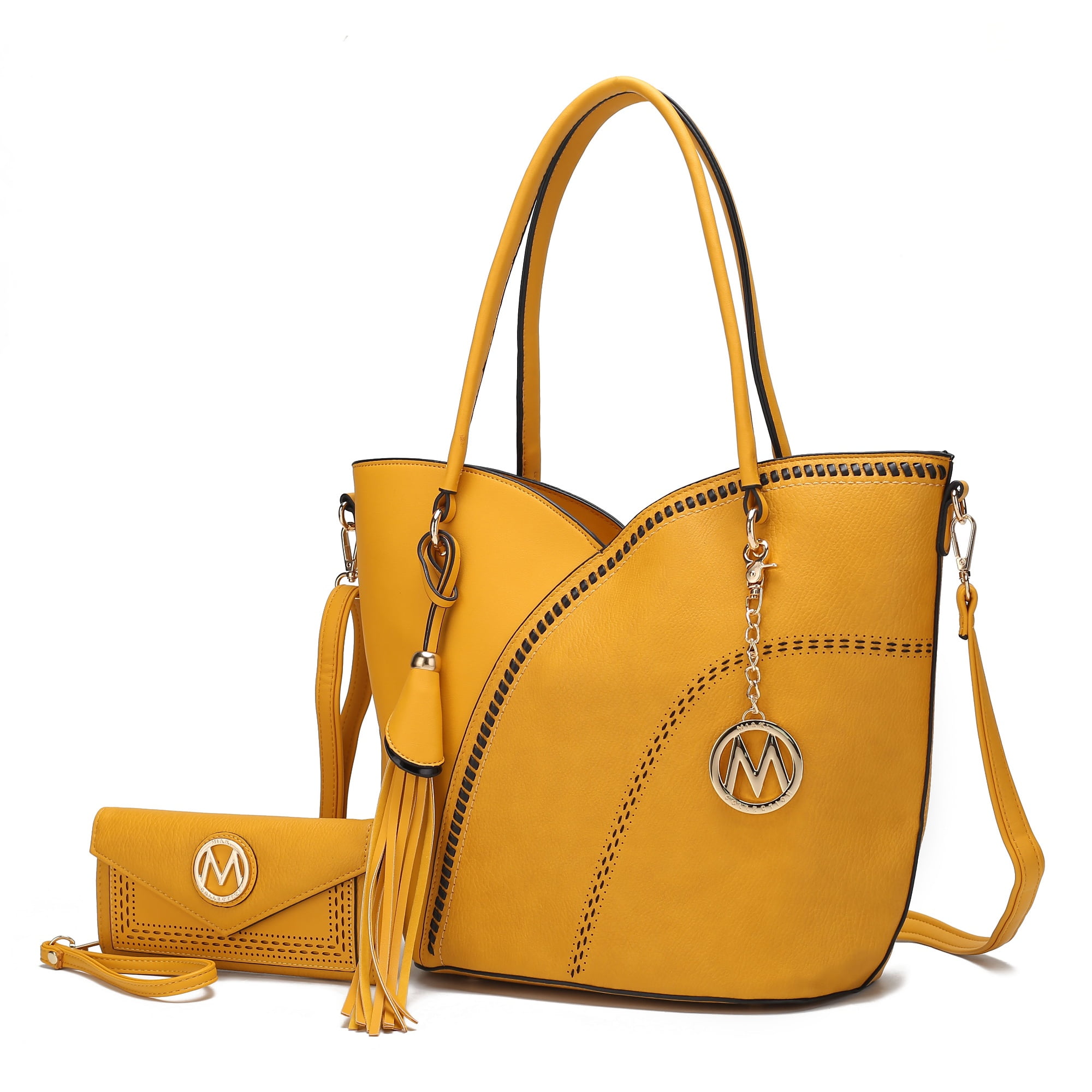 Bolso Tote Con Cartera De Muñeca Para Mujer, Mkf Collection, Set De Bolso De Hombro En Cuero Vegano - Mostaza