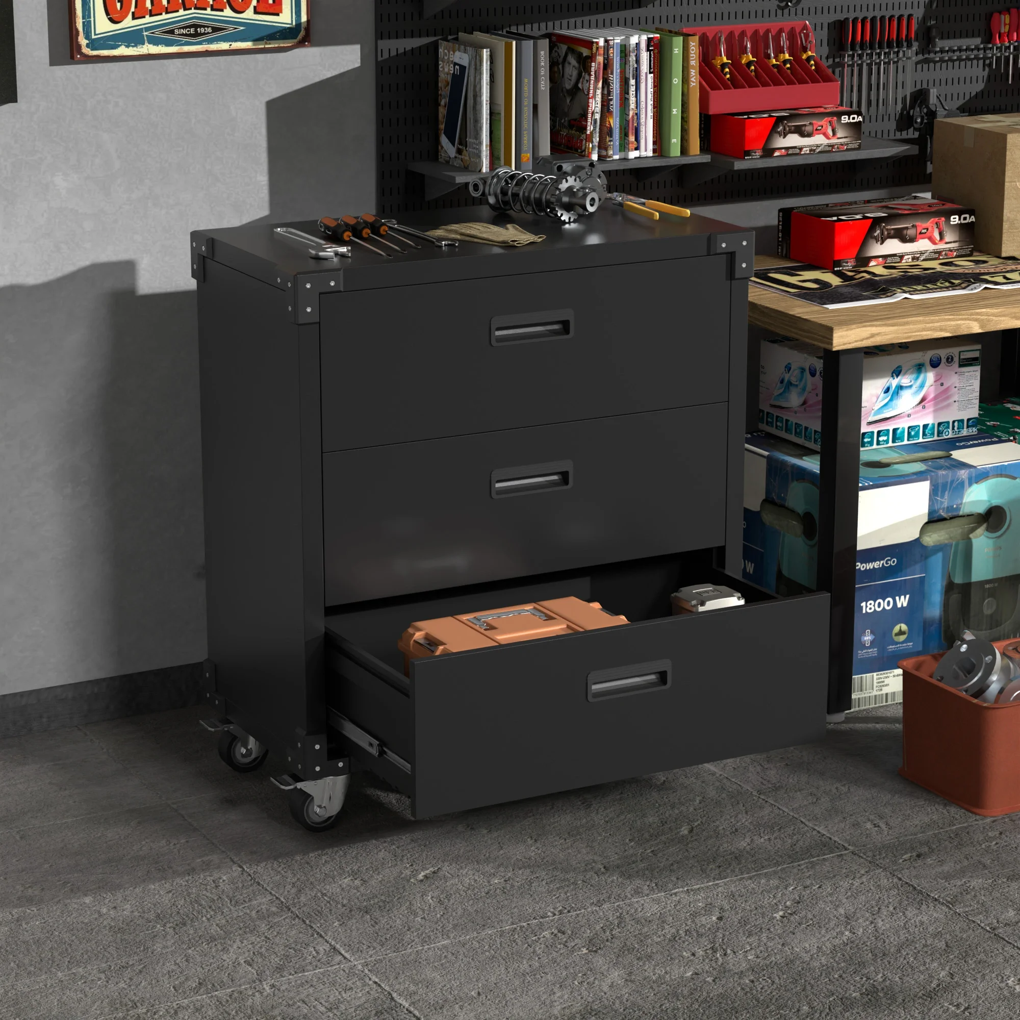 Recilock - Gabinete Metalico De Herramientas 3 Cajones Con Ruedas - Black Premium Tc-11