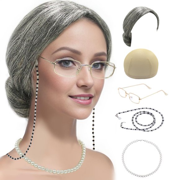 Set de Disfraz de Anciana Cupohus – 5 piezas (peluca de moño gris)