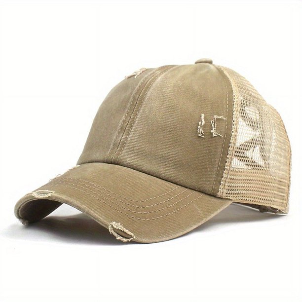 Unisex Washed Baseball Cap: Distressed Ripped Criss Cross Ponytail Hat - Adjustable Casual Style for Men & Women