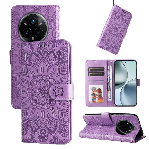 Funda tipo cartera FOXDOCK para Realme 14 Pro Plus , diseño girasol en relieve, cuero PU, cierre magnético, soporte y tarjetero