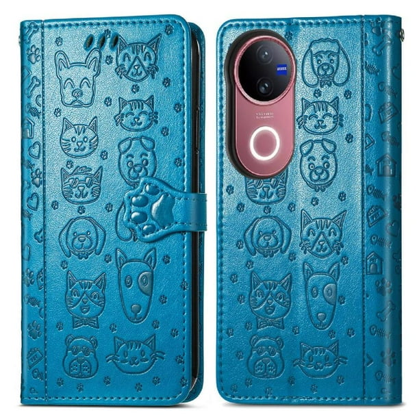 Funda Cartera FOXDOCK para Vivo V50 5G , Flip PU con Relieve de Gatos y Perros, Tarjetero y Soporte