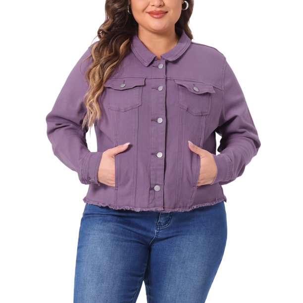 Agnes Orinda Chaqueta de Mezclilla Lavada con Bolsillos y Cuello Vuelto de Manga Larga para Mujer Talla Grande 3X Púrpura