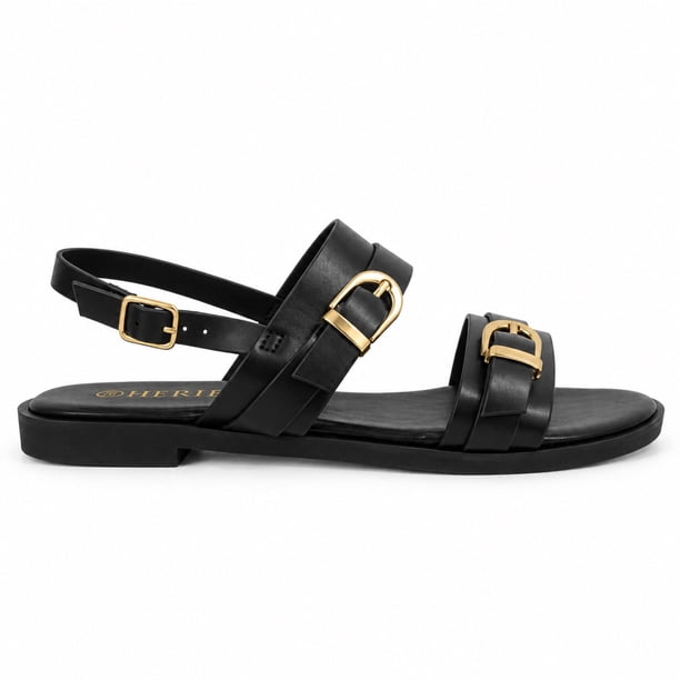 Sandalia Baja Mujer H2718 Ecocuero Negro con Hebilla