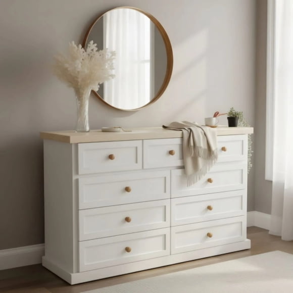Comoda 9 cajones madera - Blanca y Natural