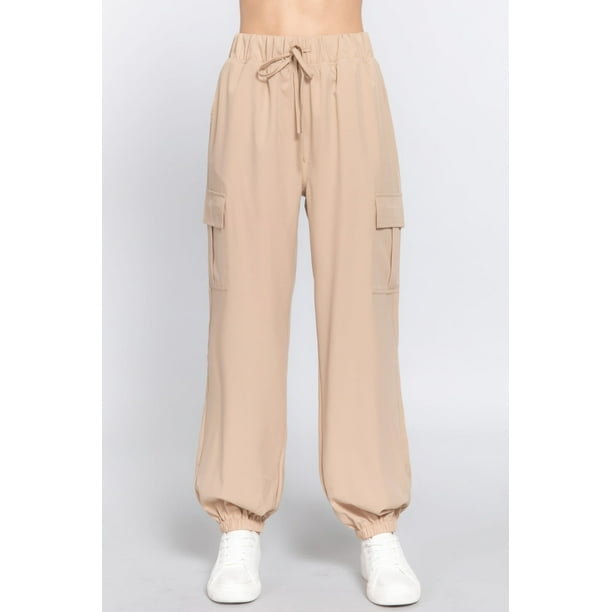 Saronite Pantalones Deportivos Cargo de Tejido Elástico, Ligeros y Sólidos, con Dos Bolsillos Laterales, de Largo Completo, Color Caqui (para Mujer)