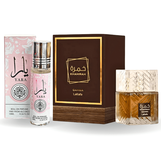 Paquete de perfume Lattafa Khamrah Qahwa EDP 100 mL y aceite perfumado Ard Al Zaafaran Yara 10 mL