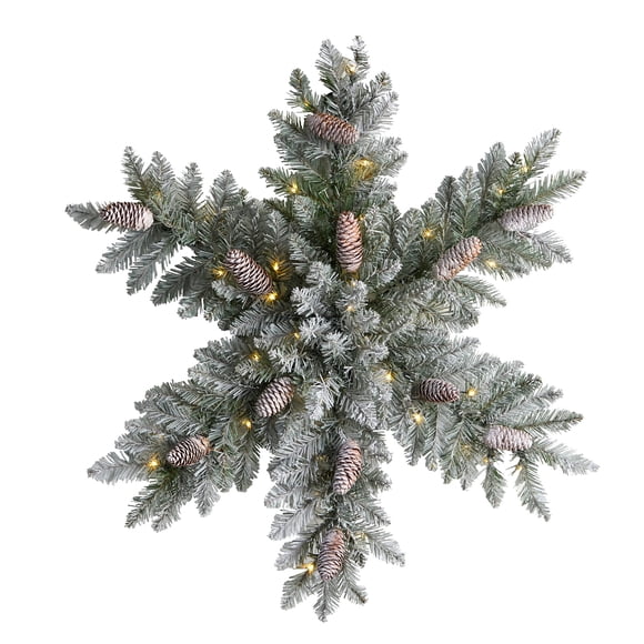 Corona artificial con forma de copo de nieve flocado, casi natural, preiluminado, 30 cm
