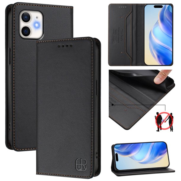 Funda Billetera con Soporte para iPhone 12/12 Pro Bloqueo RFID Plegable Negro