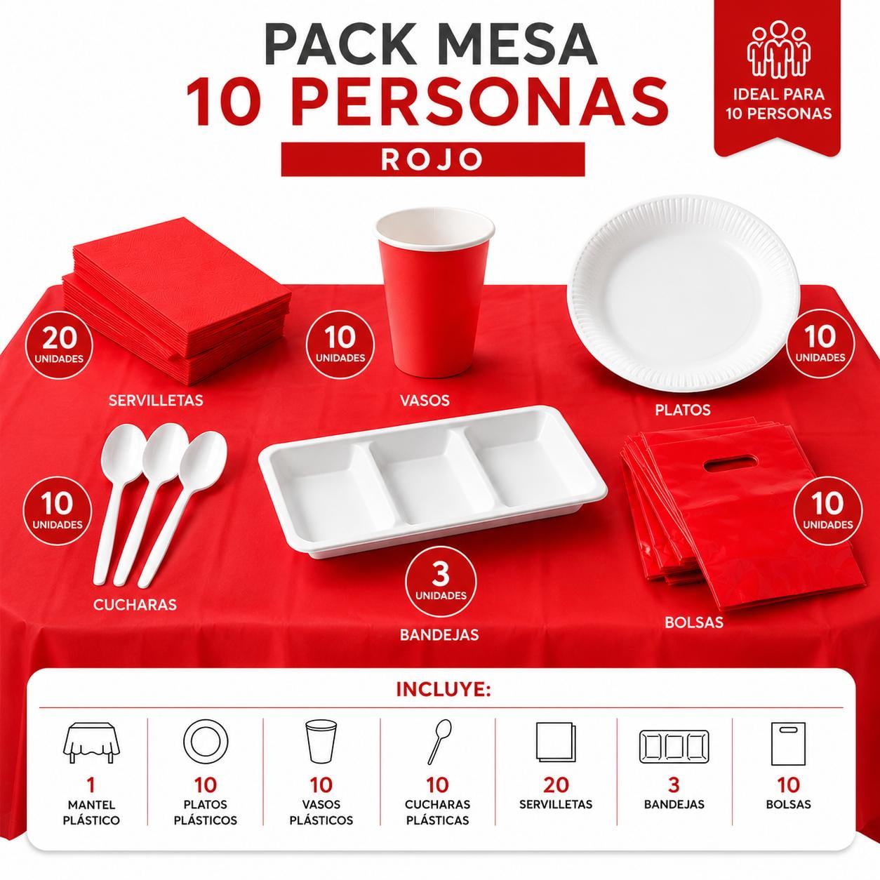 Genérico - Pack Cotillon Mesa 10 Personas Rojo Y Blanco