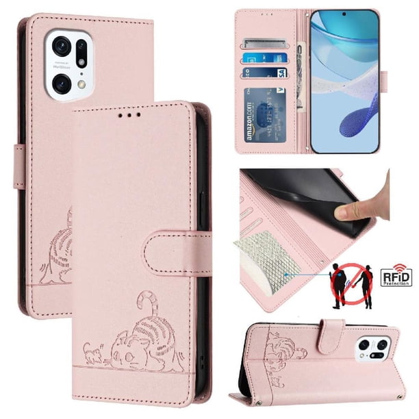 Funda tipo cartera FOXDOCK para OPPO Find X5 PRO con soporte, ranuras, RFID, diseño de gato