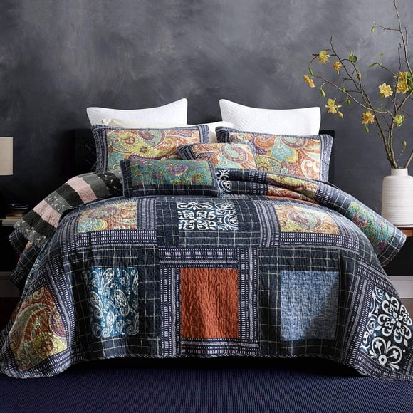 Juego de colcha acolchada NEWLAKE estilo paisley y cuadrícula tamaño king de 3 piezas