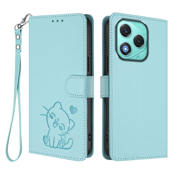 Funda Billetera con Relieve de Gato para Honor 400 Lite, Verde Claro