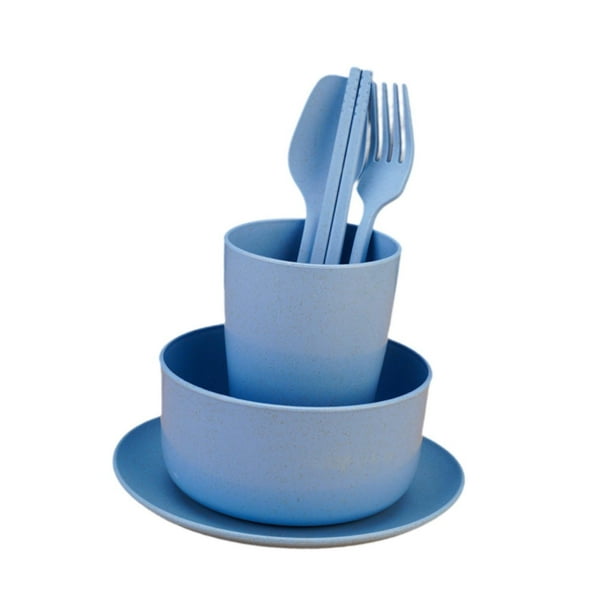 Juego de vajilla de paja reutilizable, 6 platos y cuencos, palillos, cuencos para servir, tazas y cubiertos, juego de platos irrompibles para acampar azul