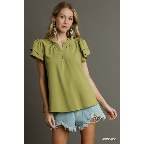 Saronite Top de Corte Cuadrado con Escote con Volantes y Botones Falsos, con Mangas Cortas en Capas, Color Aguacate (para Mujer)