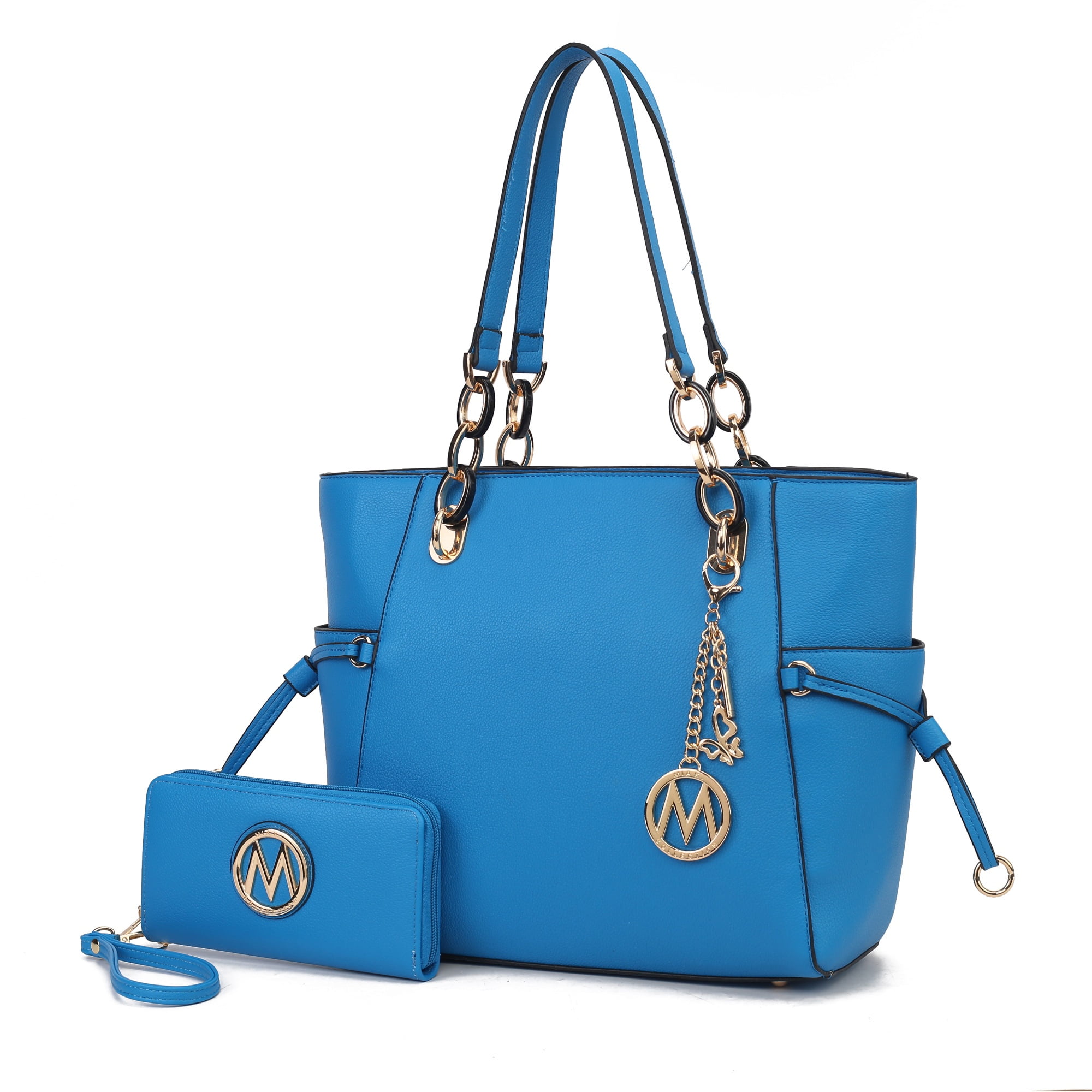 Bolso Tote Con Cartera De Muñeca Para Mujer, Mkf Collection, Set De 2 Piezas En Cuero Vegano, Espacioso Y Elegante - Azul Real