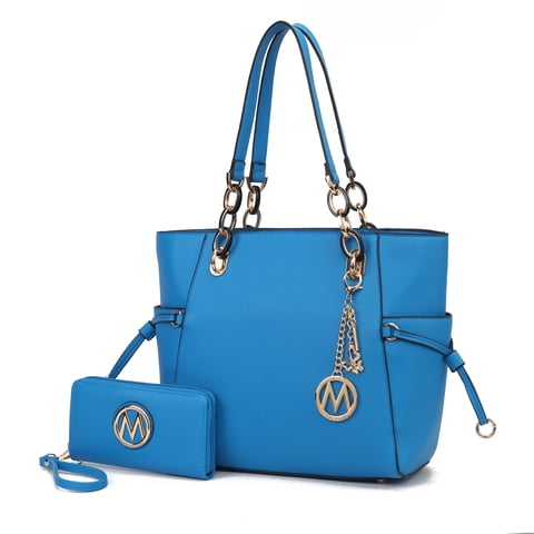 Bolso Tote Con Cartera De Muñeca Para Mujer, Mkf Collection, Set De 2 Piezas En Cuero Vegano, Espacioso Y Elegante - Azul Real