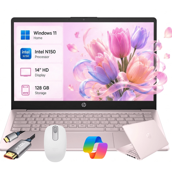 Notebook HP de 14 pulgadas con pantalla HD. Equipado con procesador Intel Celeron N150 (hasta 2.8GHz), 16GB de memoria RAM, almacenamiento UFS de 128GB y sistema operativo Windows 11 Home. Diseño.