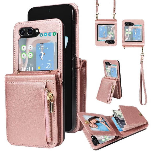Funda tipo cartera para Samsung Galaxy Z Flip5 con bloqueo RFID, correa cruzada y soporte Oro rosa