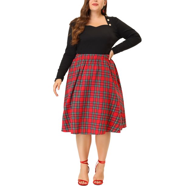 Faldas de Cuadros Agnes Orinda para Mujer de Talla Grande, Línea A, Largo a la Rodilla, 4X Rojo