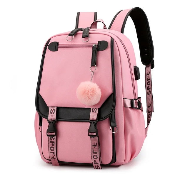 Large School Bags for Teenage Girls USB Port Canvas Schoolbag Student Book Bag Fashion Black Pink Teen School Backpack