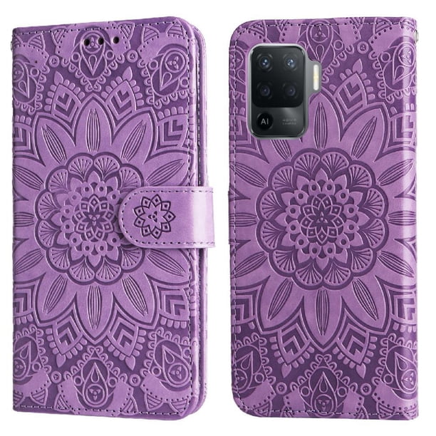 Funda tipo cartera FOXDOCK para OPPO A94 4G , diseño girasol en relieve, cuero PU, cierre magnético, soporte y tarjetero