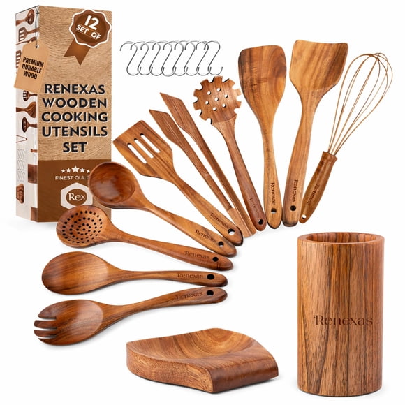 Set de Cucharas Renexas de 12 Piezas – Utensilios de Cocina de Madera de Teca