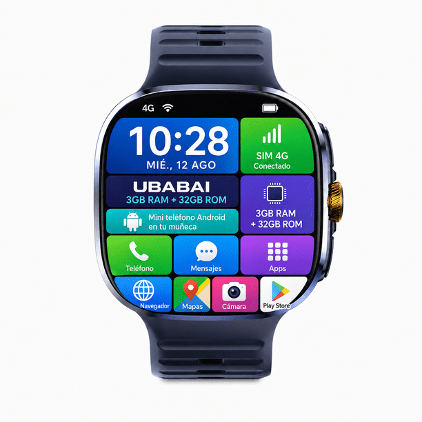 Reloj Inteligente UBABAI Android 10 con SIM 4G LTE, Pantalla AMOLED 2.4", GPS, WiFi y Cámara Giratoria 9MP 3 GB + 32 GB
