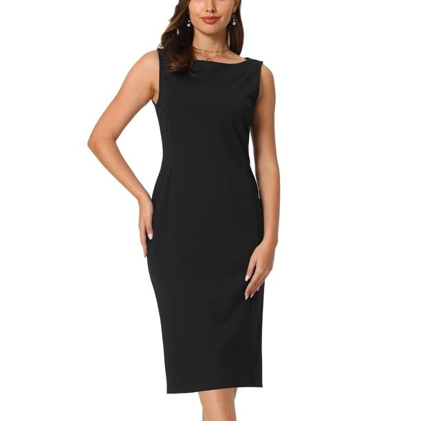 INSPIRE CHIC Vestido formal midi sin mangas con cuello barco para mujer, atuendo de maestra para el regreso a clases, negro, talla S