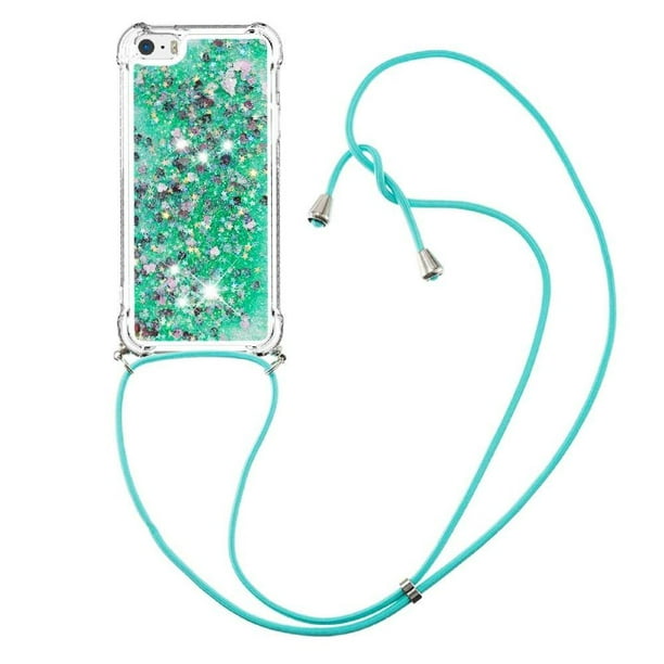 Funda FOXDOCK para iPhone 5/5s con Cuerda Ajustable, Brillo Líquido, Protección Antigolpes y Lente – Ideal para Regalo