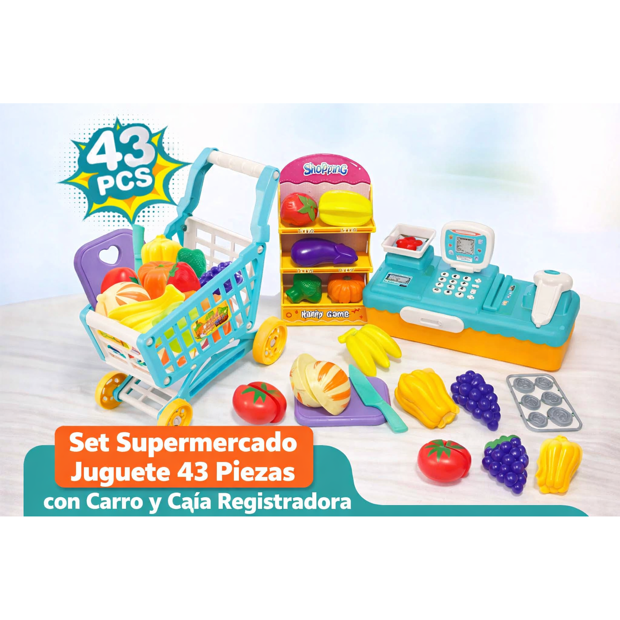 Genérico - Set Supermercado Juguete 43 Piezas Con Carro Y Caja Registradora