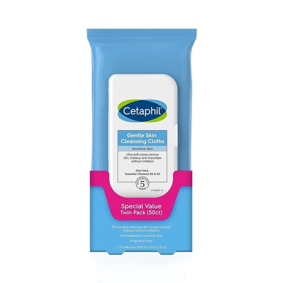 Toallitas Cetaphil de limpieza suave para rostro y cuerpo 50x2