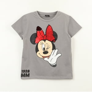 Polera Manga Corta Niña Minnie Lentejuelas Moño Gris Disney