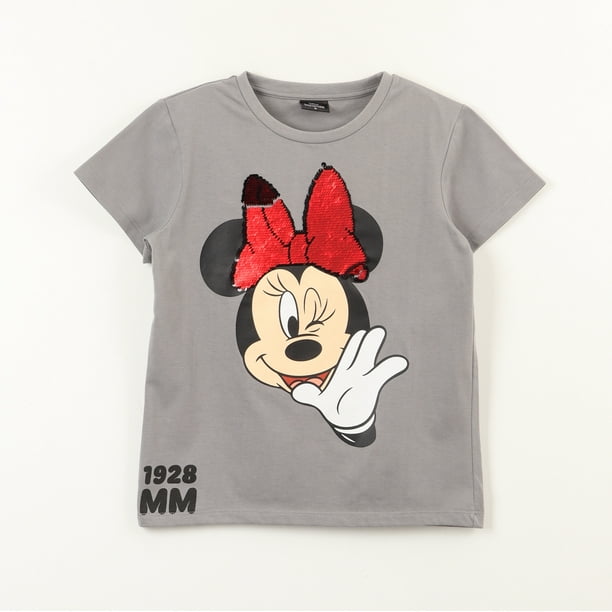 Polera Manga Corta Niña Minnie Lentejuelas Moño Gris Disney