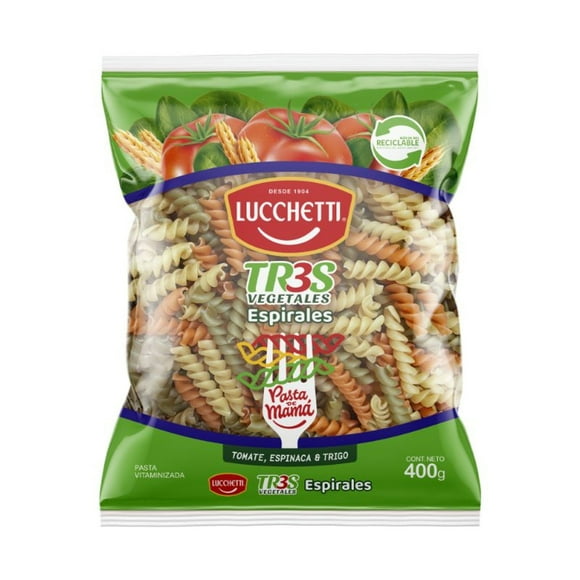 Fideo Pasta Tres Vegetales Espirales Bolsa, 400 g