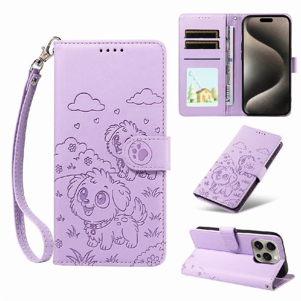 Funda Cartera para iPhone 15 Pro Max Perro Cachorro Grabado con Tarjetas Soporte Correa Morado