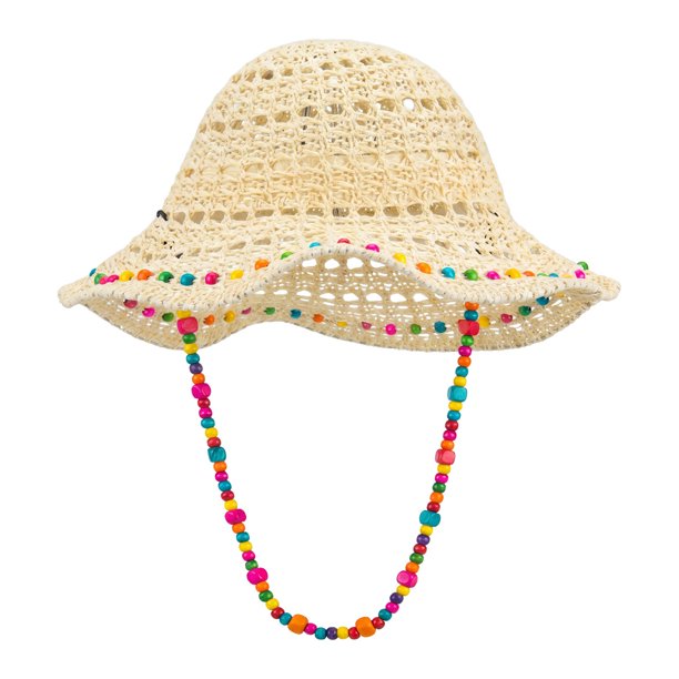 INSPIRE CHIC Sombrero de Paja con Cuentas de Madera Coloridas para Mujer, Plegable, Sombrero de Playa de Ala Ancha para Fiesta de Viaje Talla Única Blanco Crema