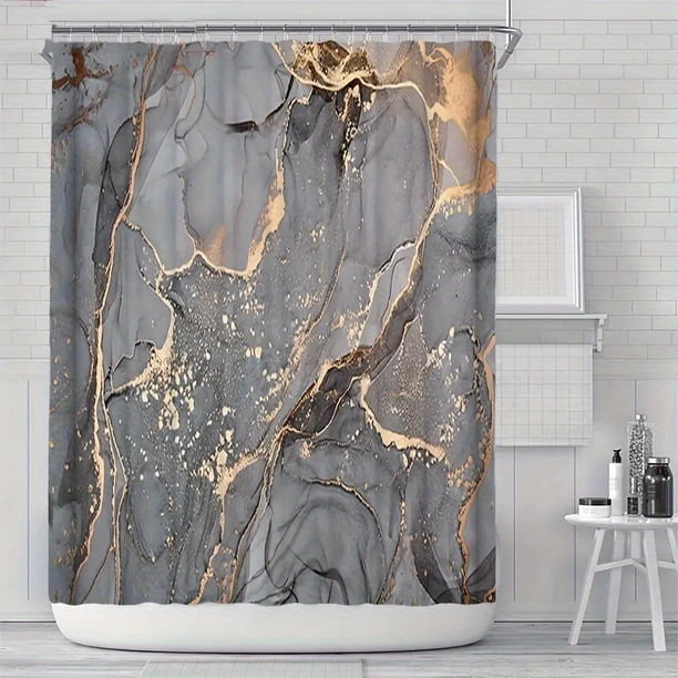 1pc Golden Crackle Marble Bath Rug Set with Anti-Slip Mat and Shower Curtain - U-Shaped Toilet Mat and Cover - Luxurious Bathroom Accessories and Decor