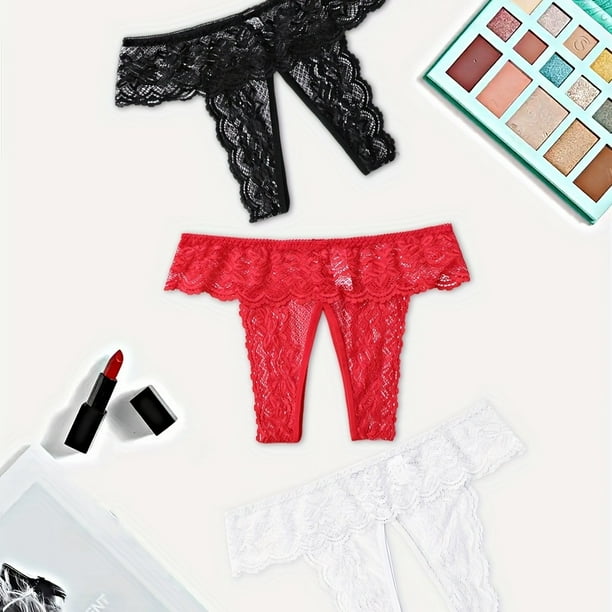 Sexy Floral Lace Mesh Panties, See Through Hollow Out Open Crotch Panties, Women's Lingerie & Underwear